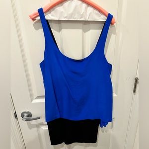 Hutch mini dress, black fitted bottom with silk blue top, M